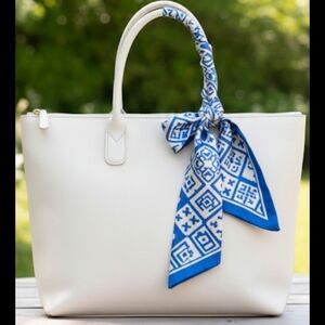 Vtg BAAR & BEARDS Silk Scarf • Hand Rolled Japan • Blue Cream Geometric Mod 60s